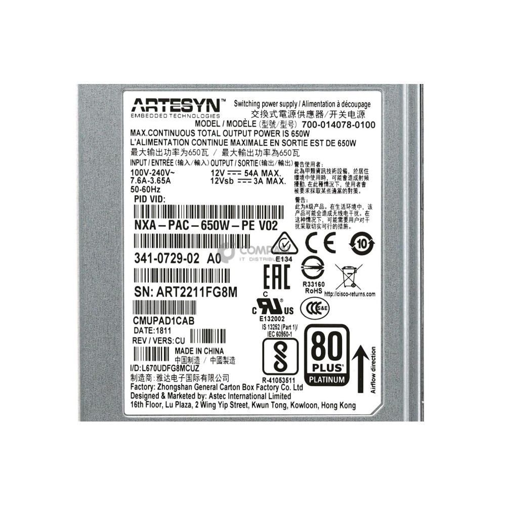 341-0729-02 CISCO 650W POWER SUPPLY FOR CISCO NEXUS 9000 SERIES